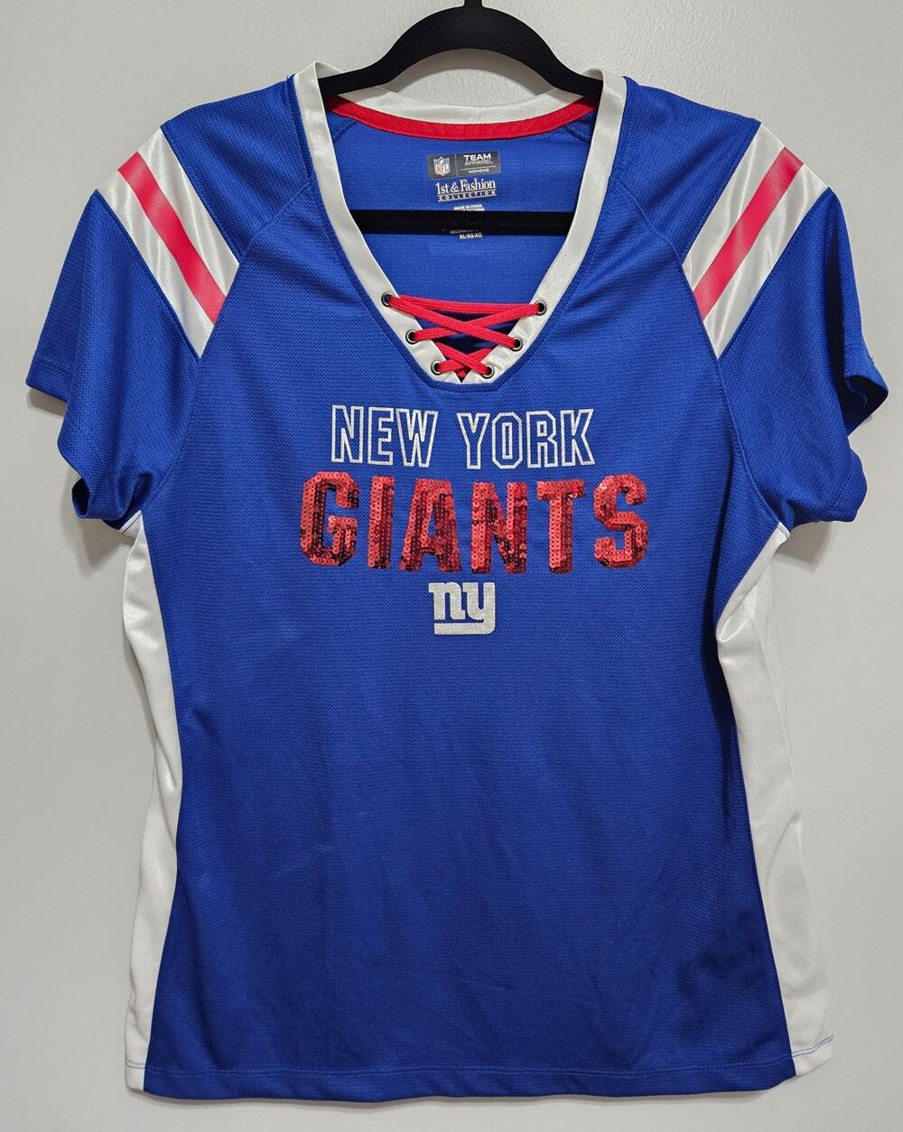 Women's New York NY Giants Football NFL Vneck Short Sleeve Red Sequins Jersey